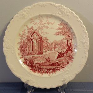 Vintage Taylor Smith & Taylor English Abbey 10" dinner plate, red and white